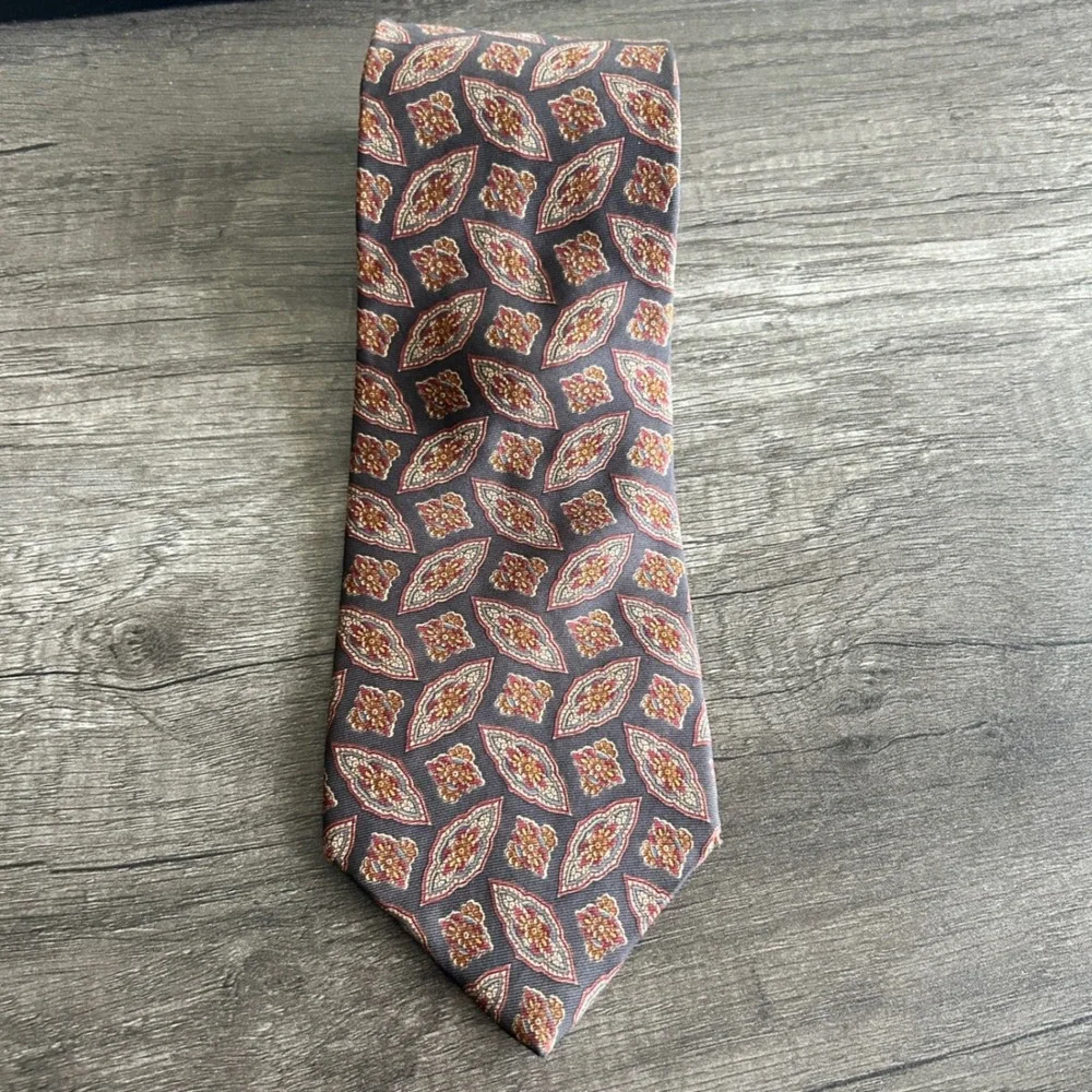 Liberty of London Mens Dark Academia Vintage‎ Necktie OS Grey Medallion Silk